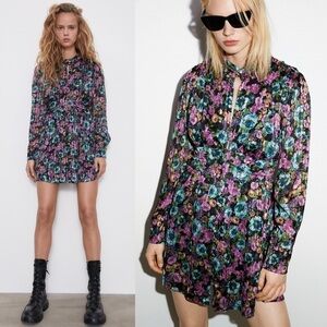 NWT ZARA Floral Metallic Long Sleeve Button Front High Neck Pleated Mini Dress M